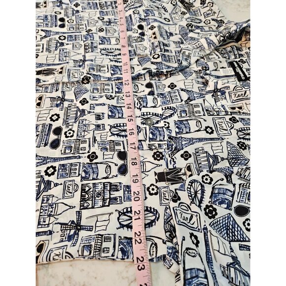 Karl Lagerfeld Shirt XL Parisian Cityscape Button-Front Long Roll Sleeve Blue - Picture 13 of 13